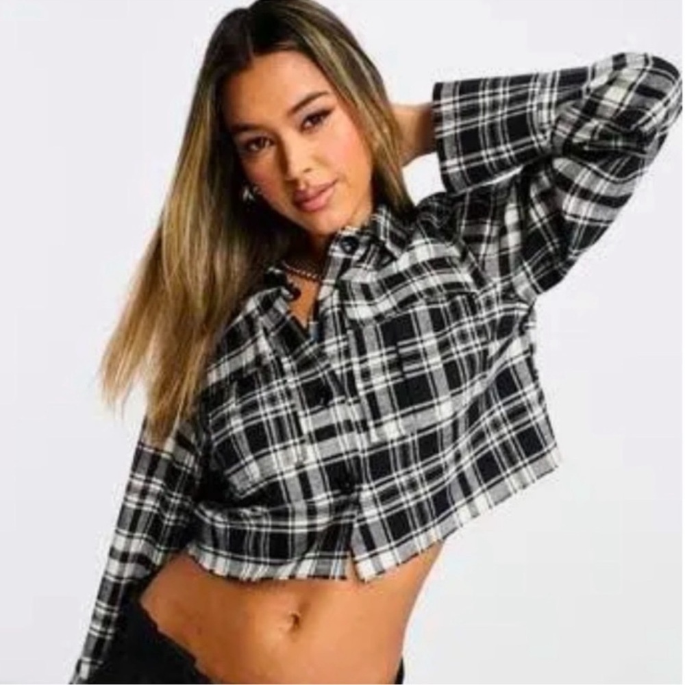 ASOS Black and White Plaid Cropped Button-Down Shirt